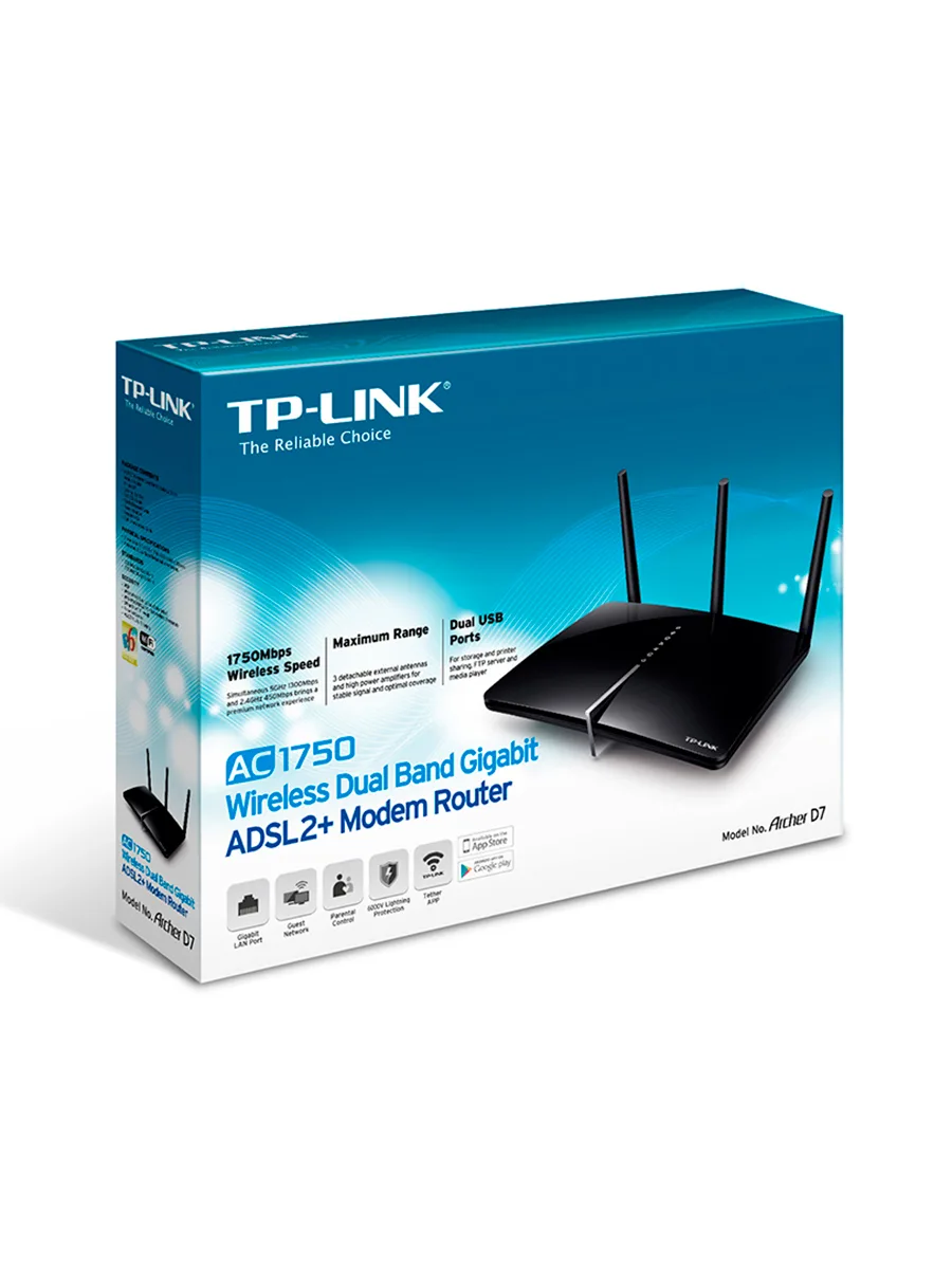 Wi-Fi роутер DSL 2.4/5 ГГц 1750 Мбит/сек TP-Link Archer D7 двухдиапазонный гигабитный